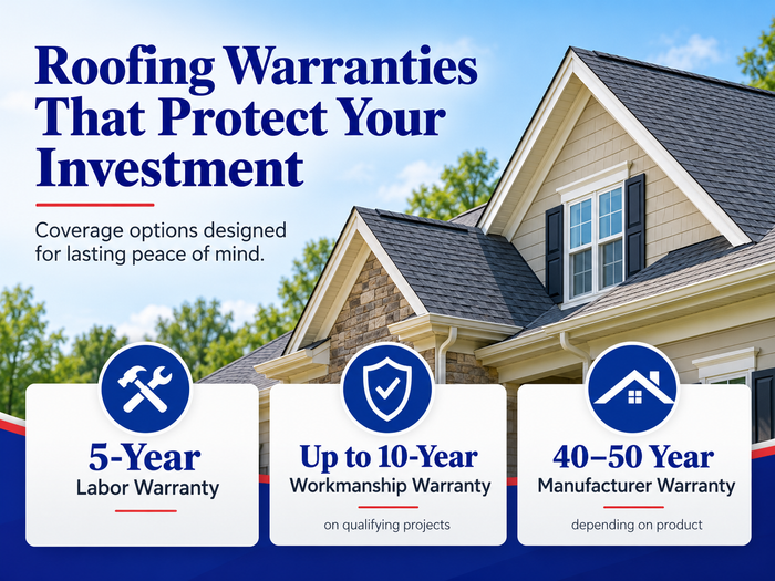 Roofing warranty ad with house photo and icons for 5-year labor, 10-year workmanship, and 40–50 year manufacturer coverage