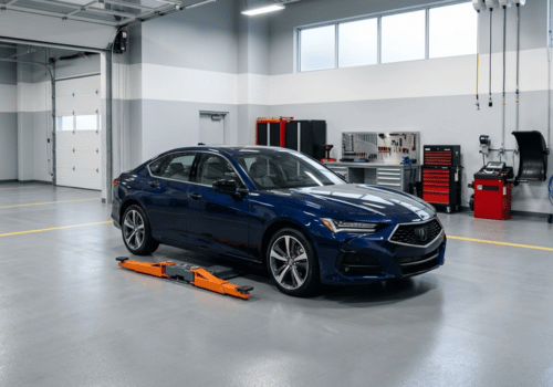 Blue Acura sedan inside a clean, modern auto repair shop