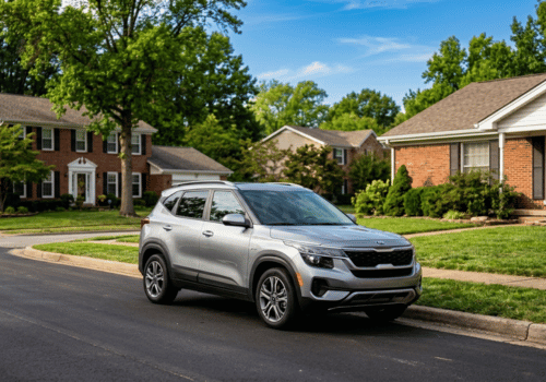 Silver SUV parked on a residential neighborhood street lined with homes, trees, and autumn foliage.