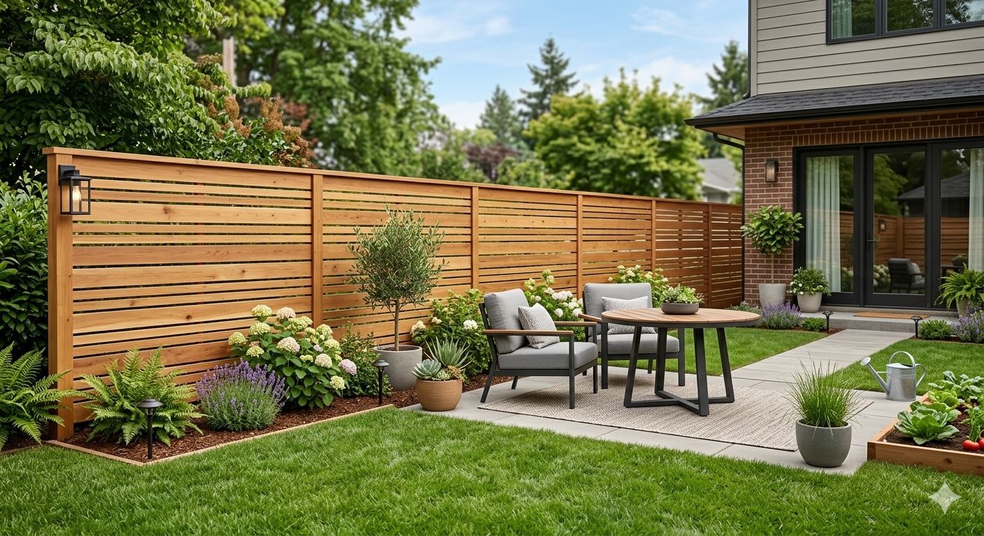 A horizontal slat wood privacy fence installed in a small modern backyard with patio furniture 