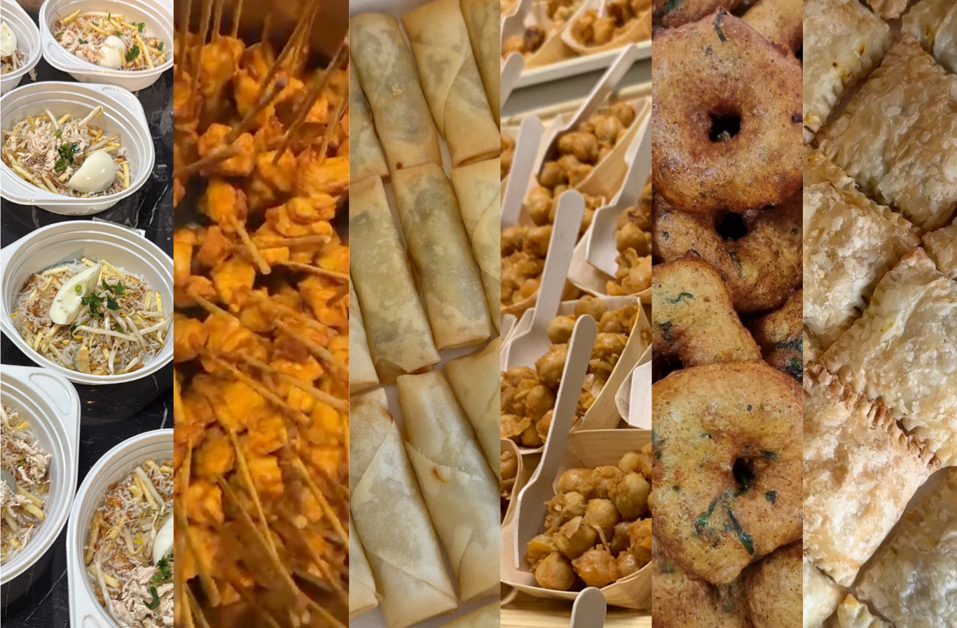 Diverse streetfoodgerechten: noedels, spiesjes, loempia's, gefrituurde balletjes, donuts en gebak.