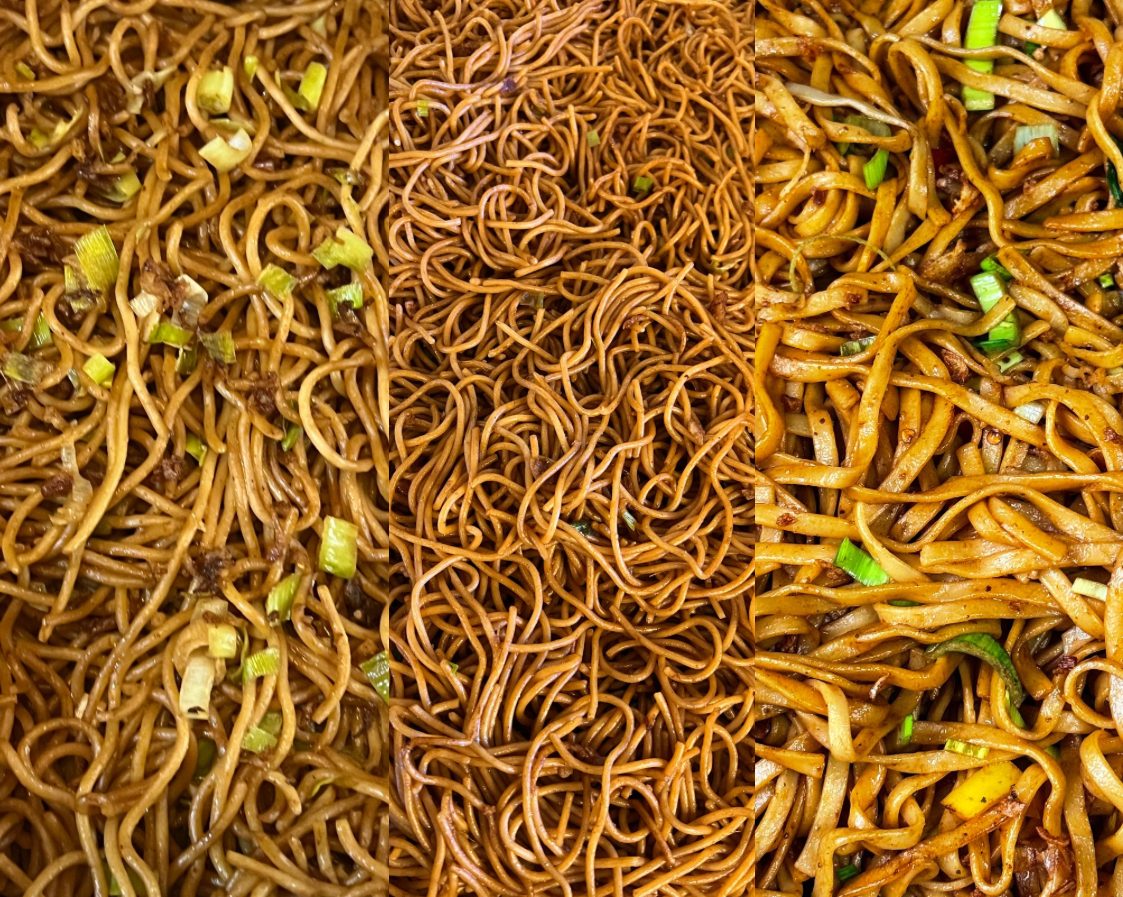 Gekookte noedels, close-up. Drie gedeeltes: noedels met lente-uitjes, gewone bruine noedels en noedels met kruiden.