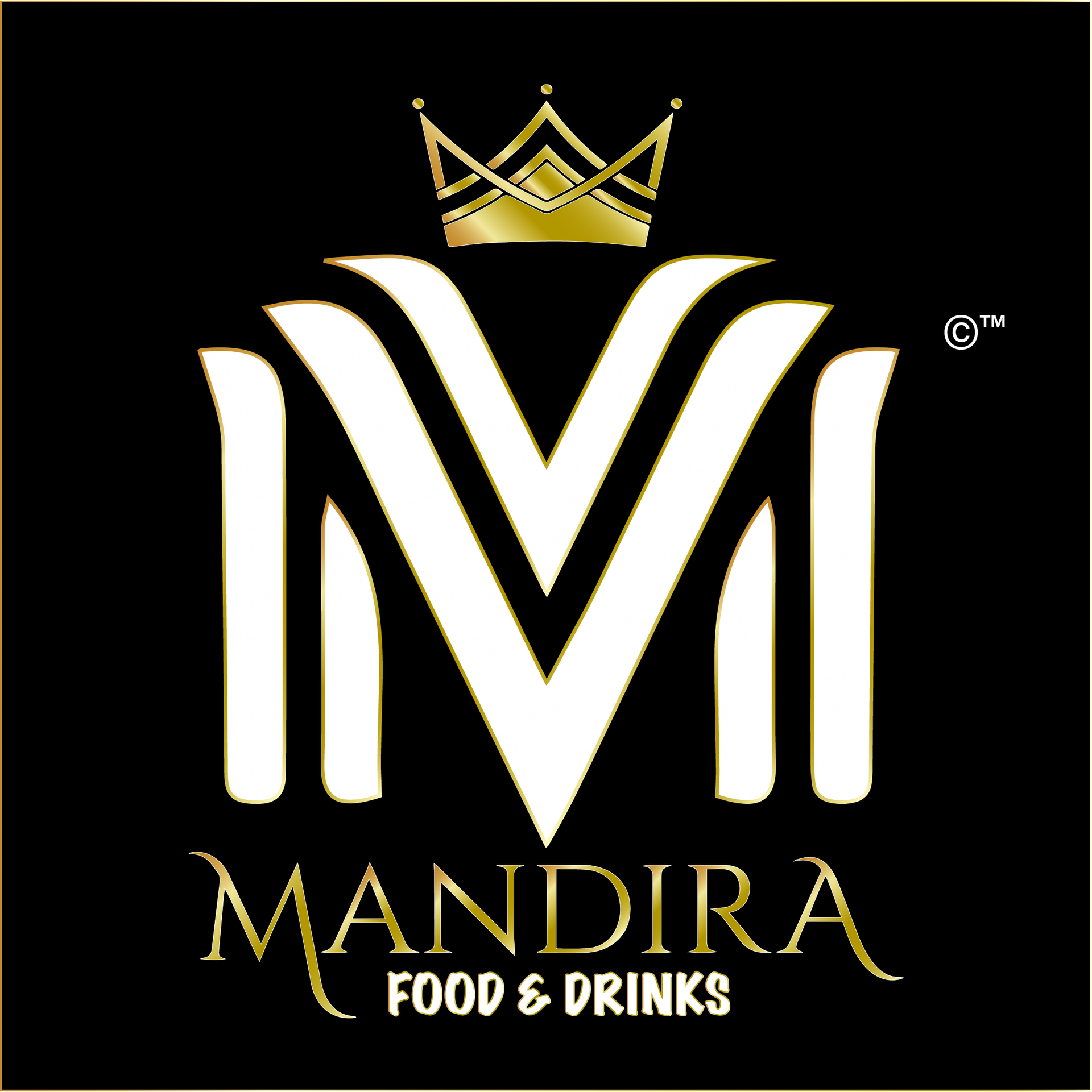 Logo van Mandira Food and Drinks: gouden kroon boven een gestileerde 