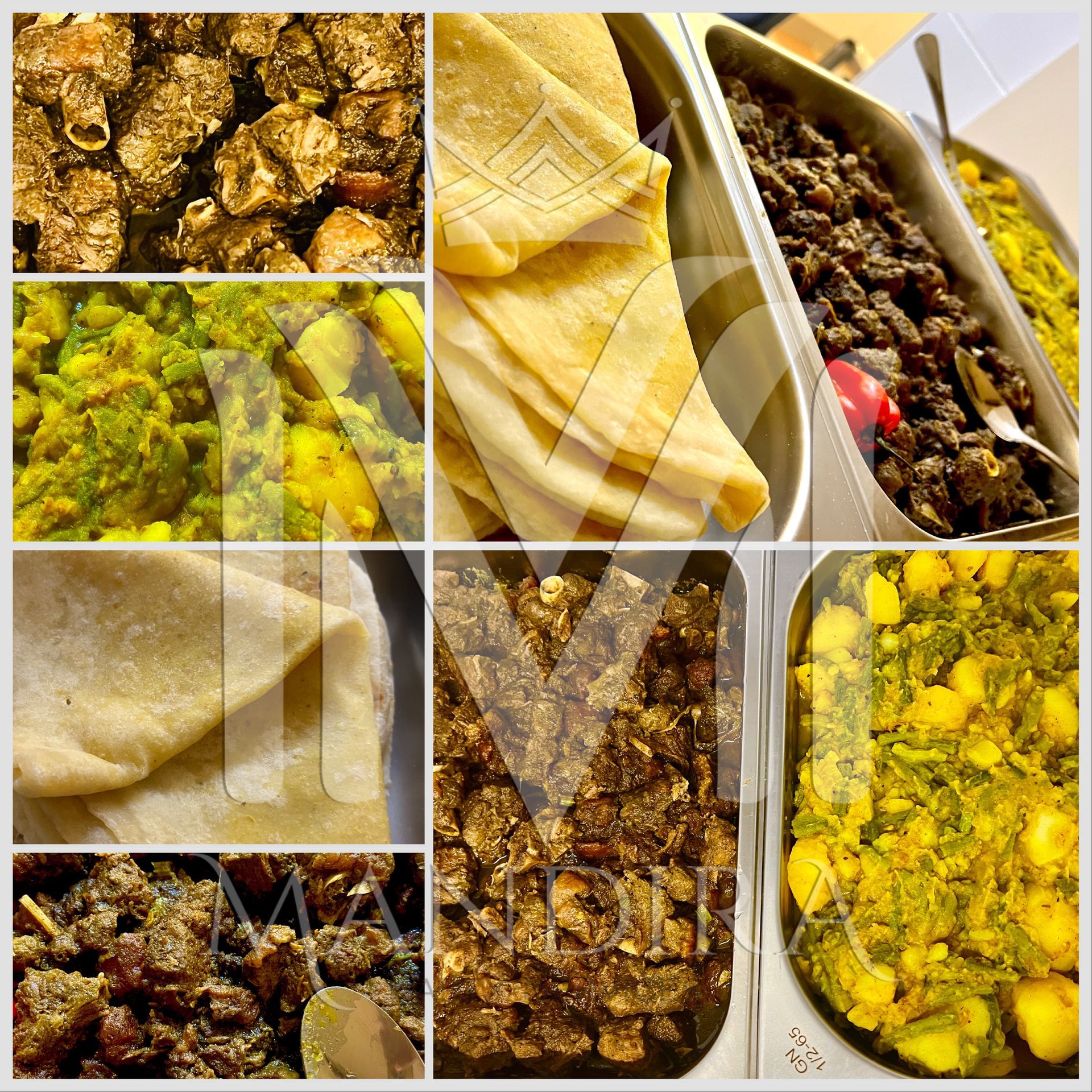 Een assortiment Ethiopische gerechten op serveerschalen. Inclusief injera-brood en stoofschotels.