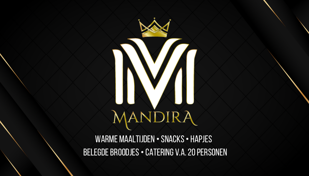 Goud-wit logo voor Mandira op een zwarte achtergrond; restaurantnaam met een kroonicoon.
