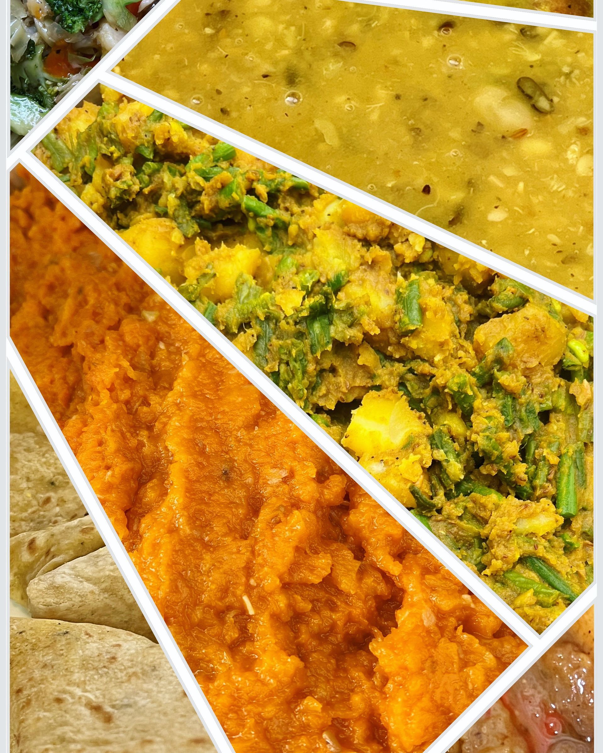 Collage van diverse gerechten, waaronder sinaasappelpuree, gele en groene curry's en een salade.