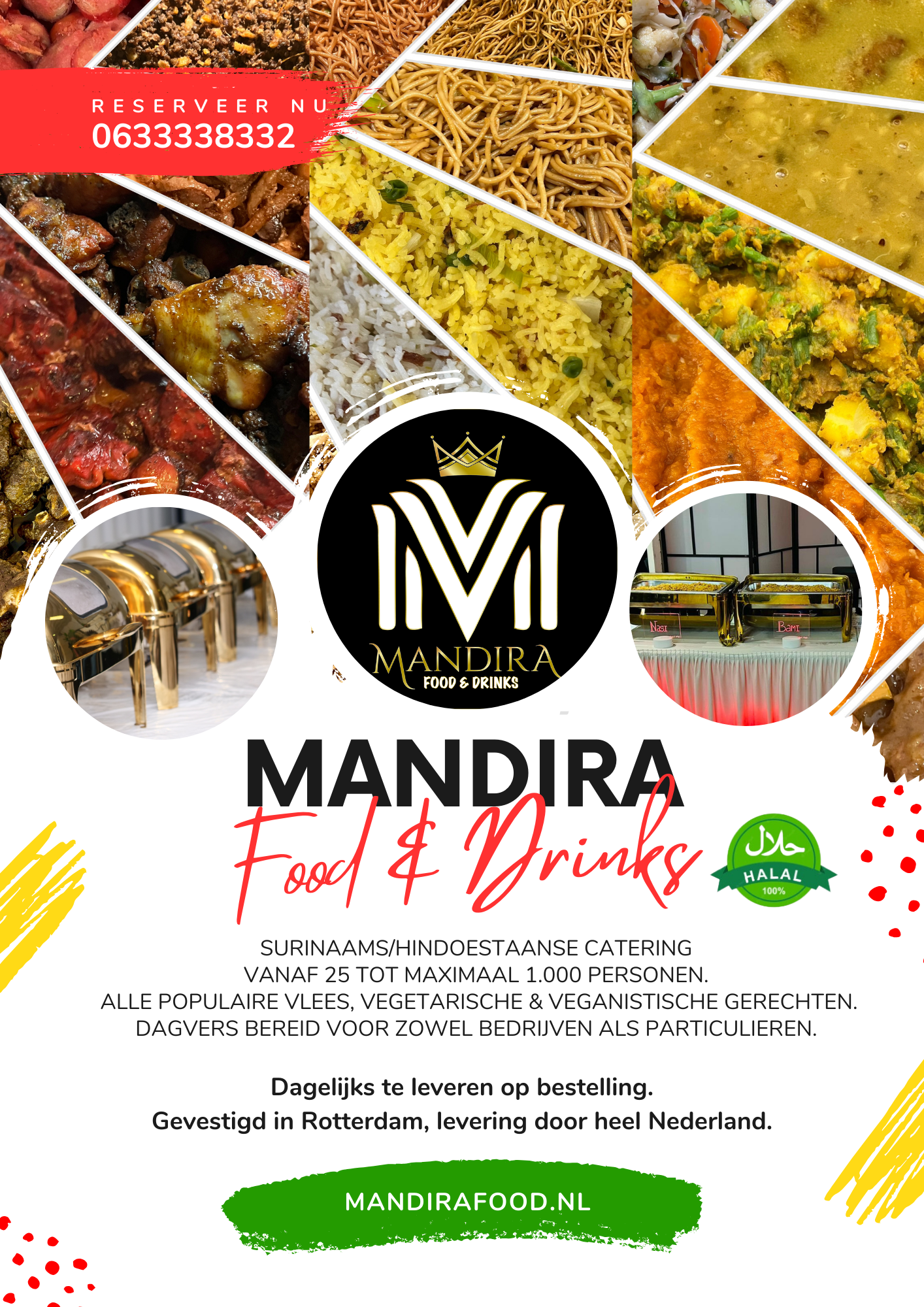 Flyer voor Mandira Food & Drinks met afbeeldingen van gerechten, logo en telefoonnummer.