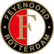 Het clublogo van Feyenoord Rotterdam: een rode en witte verticale halve cirkel met een gouden 