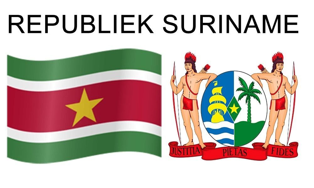 Vlag en wapen van de Republiek Suriname, met de tekst 