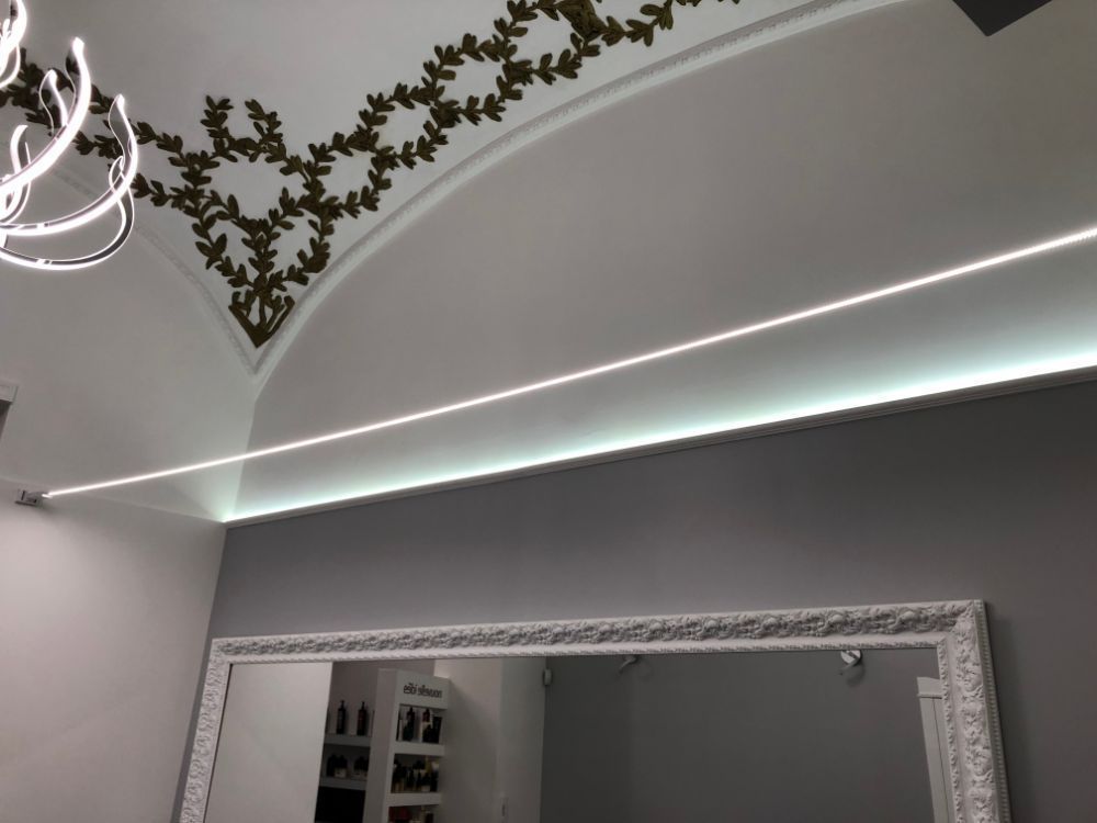 White ceiling with LED strip lighting and vine decor above a mirrored wall corner.