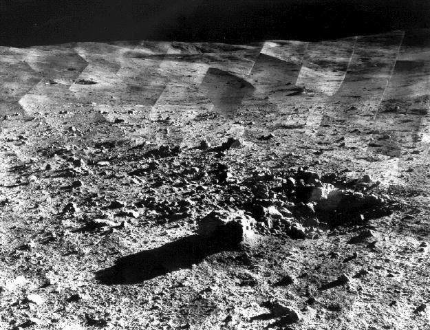 The cratered lunar surface photographed from orbit
