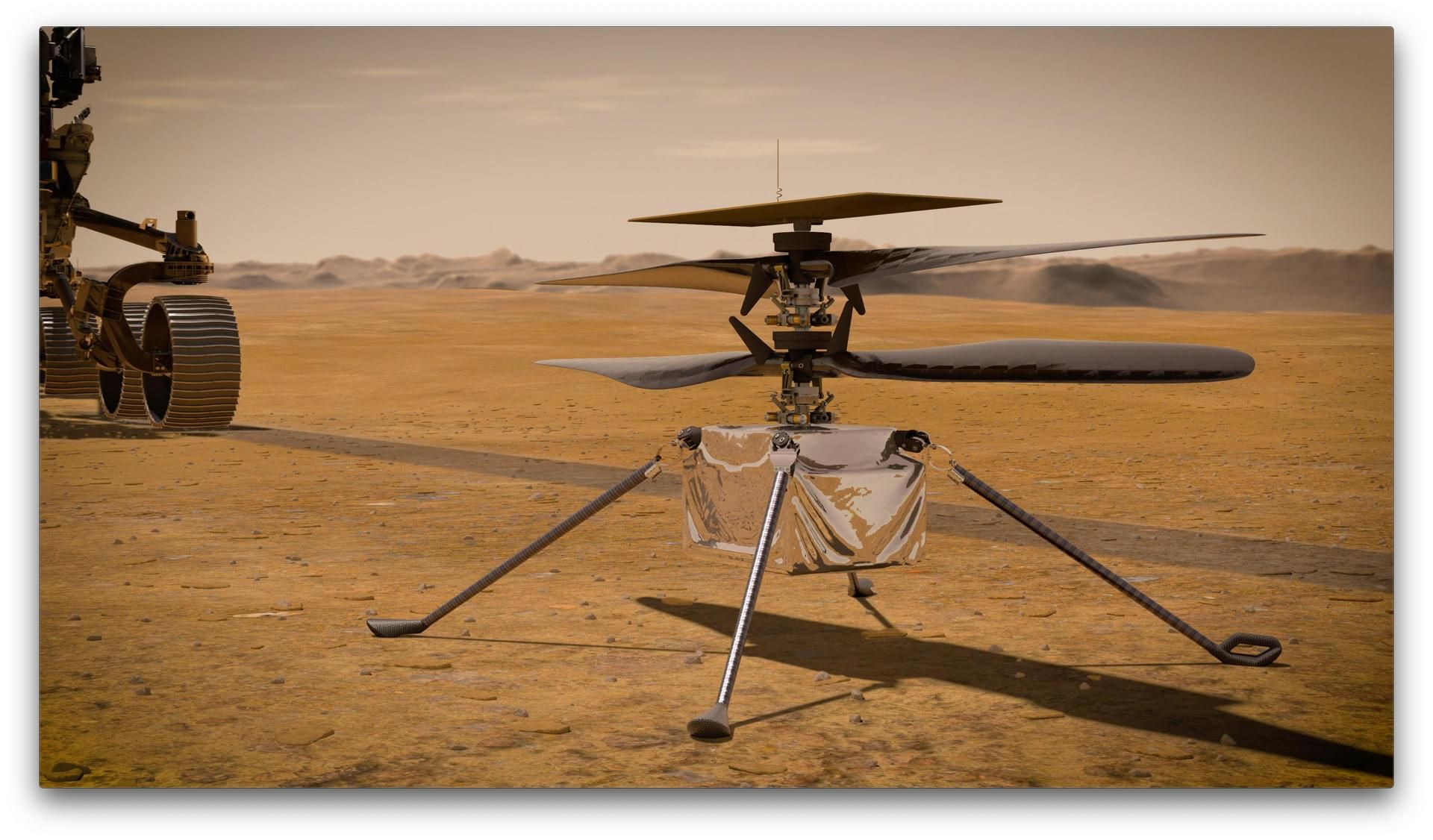 Illustration of a small helicopter standing on the Martian surface