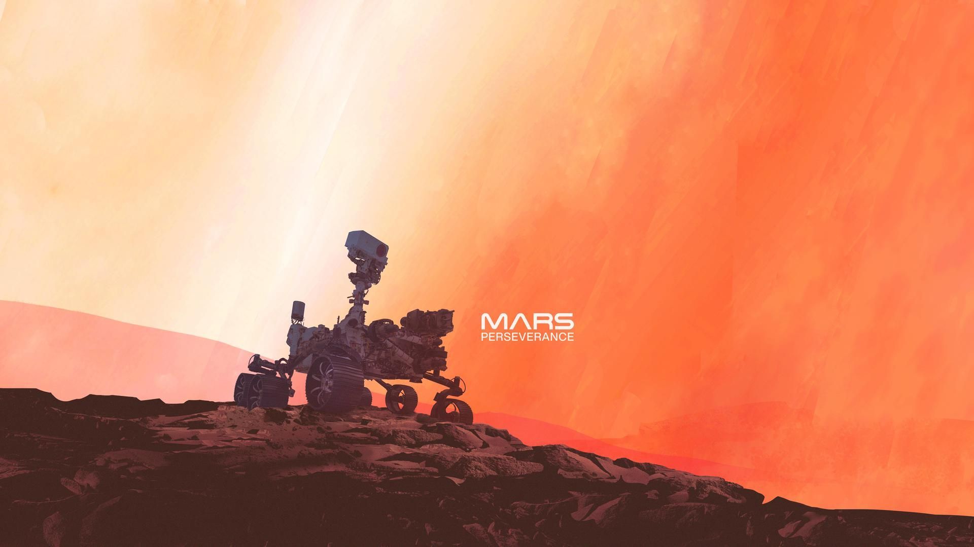 Illustration of a rover working on the surface of Mars under a dust-red sky