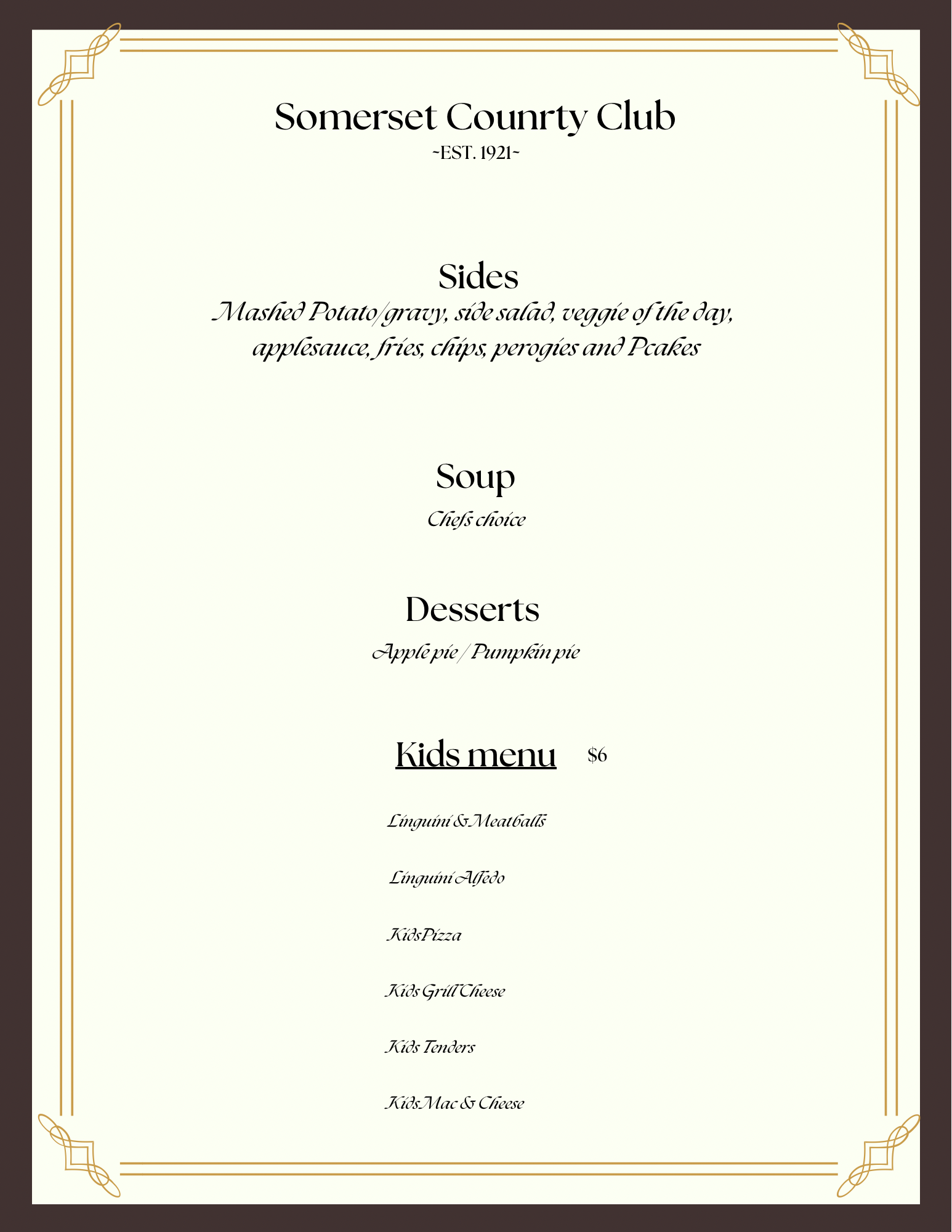 Menu of Somerset County Club, including sides, soup, desserts, and kid's menu.