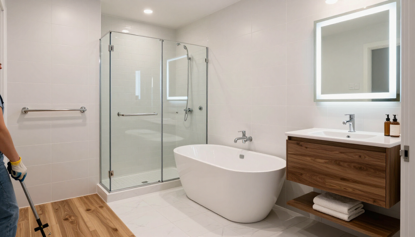 Modern bathroom with freestanding tub, glass shower, wood vanity, and mirror.