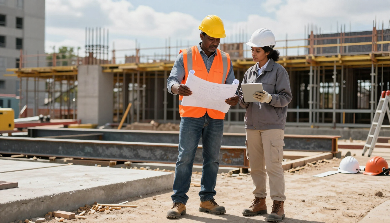 Two construction workers in hard hats review plans at a building site under construction.