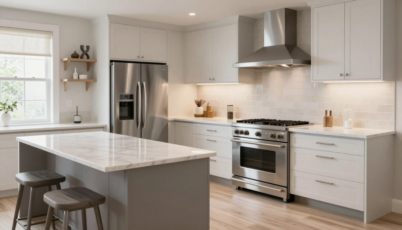 Bright modern kitchen with white cabinets, marble island, stainless steel appliances, and a large window