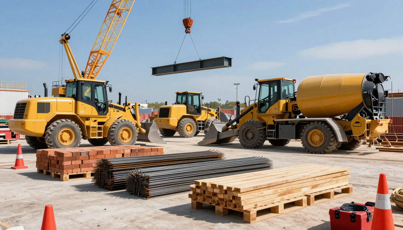 Construction site with yellow crane, mixer truck, lumber, rebar, and traffic cones under a suspended beam