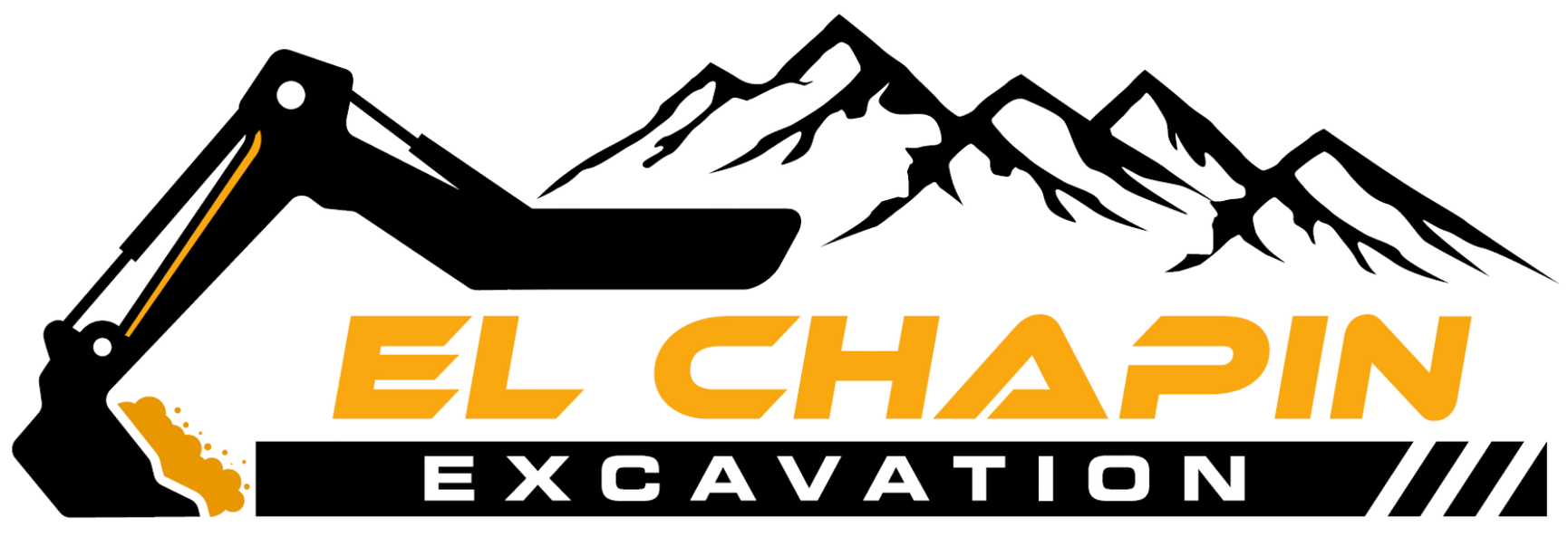 El Chapin Excavation logo with black excavator arm, mountains, and orange text on white background