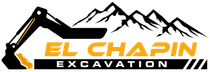 El Chapin Excavation logo with black excavator arm, mountains, and orange text on white background