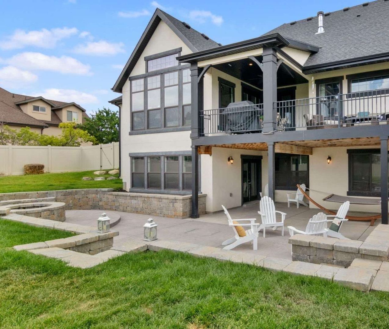 Lynaes first custom home build, showcasing the home and some of the landscaping in the backyard.
