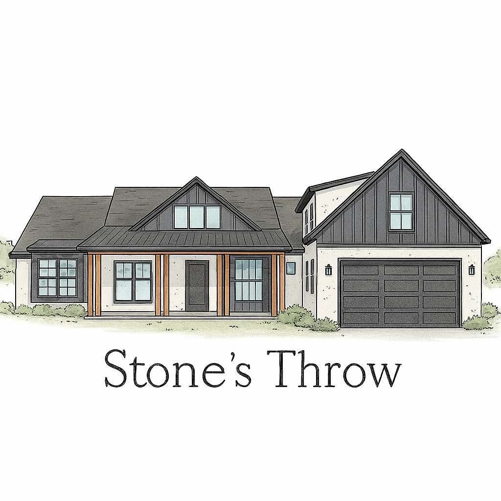 A drawing of a house with a black roof and a garage.
