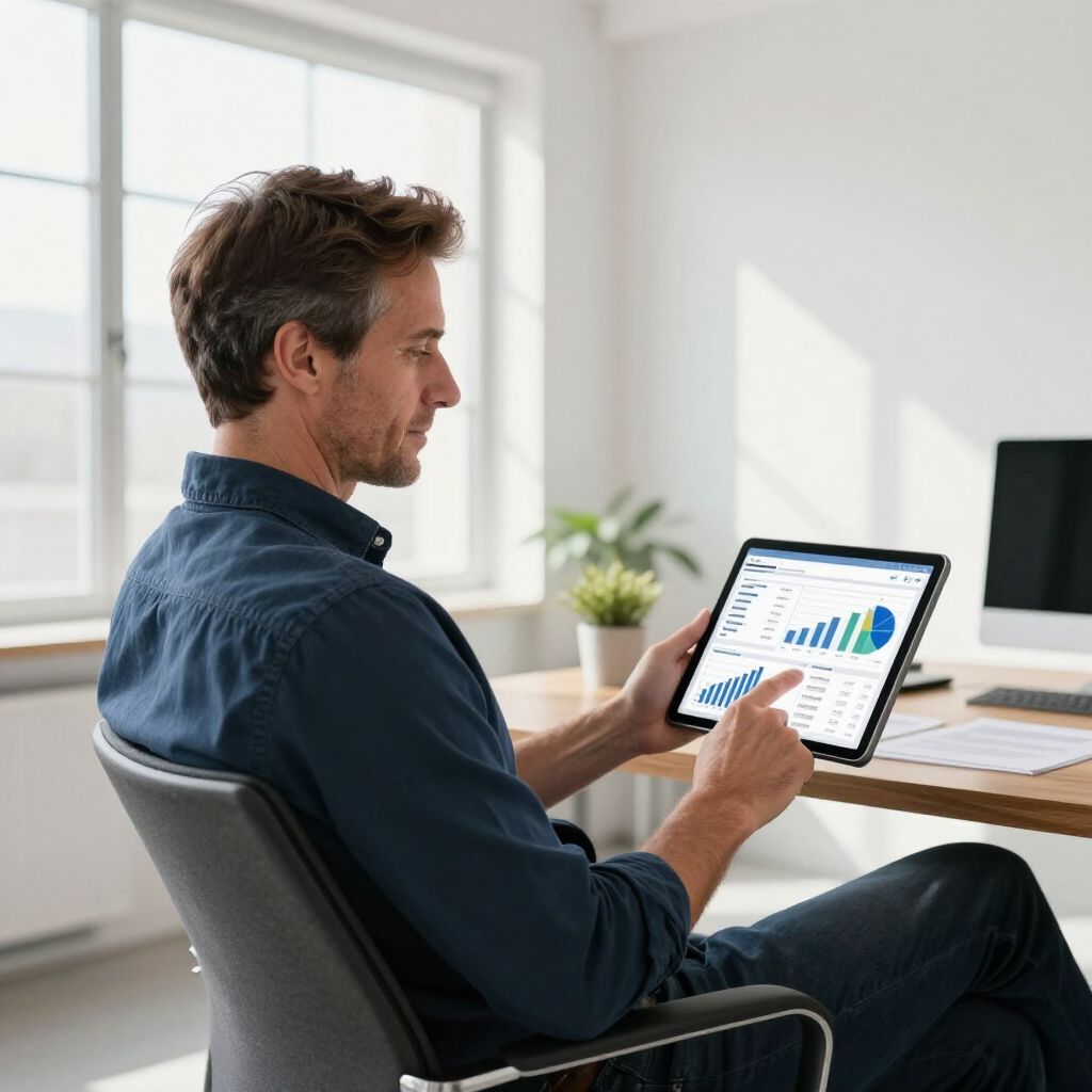 Man in a blue shirt using a tablet, pointing at a graph, sitting in an office.