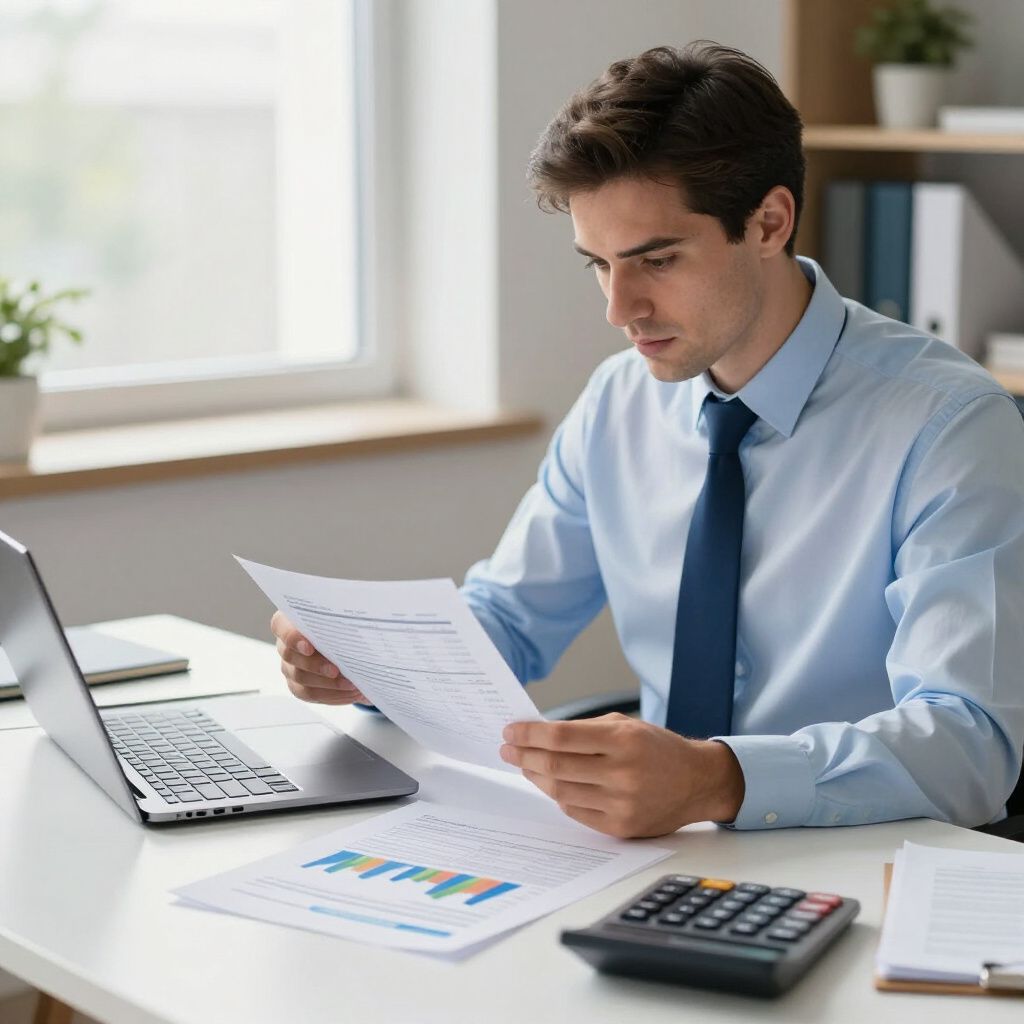 Man in a blue shirt and tie reviews documents at a desk with a laptop, calculator, and graphs.