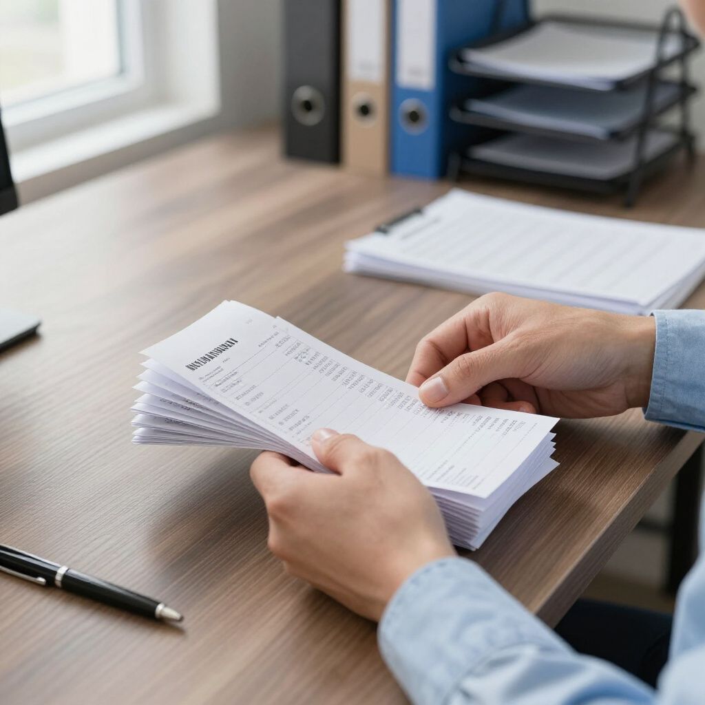 Hands holding stack of papers, possibly invoices, at a desk with a pen and office supplies.