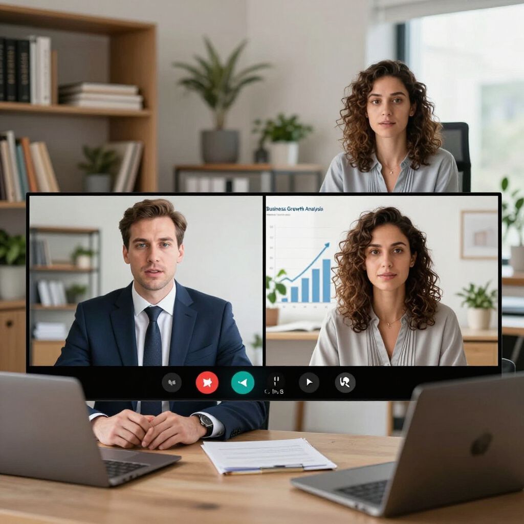 Business team in a video conference from a home office; charts on a laptop screen, discussing work.