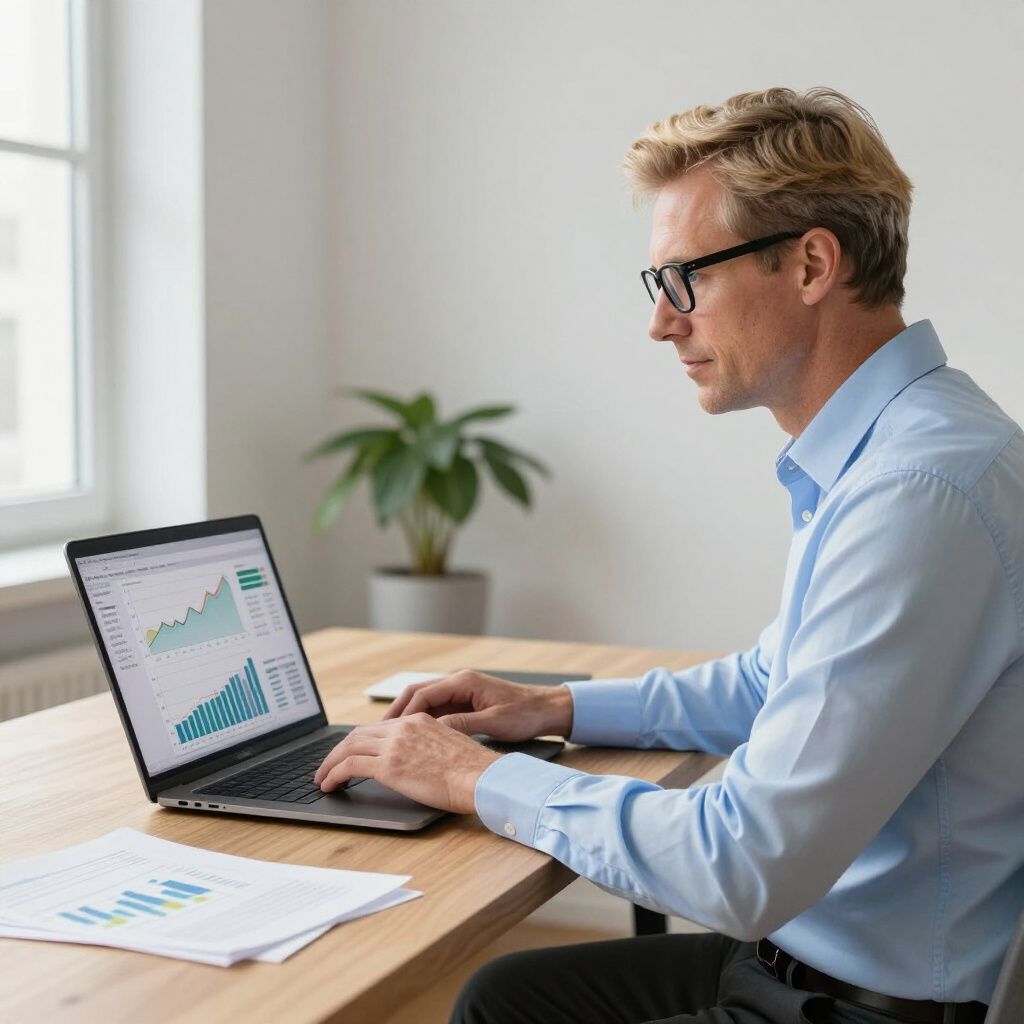 Man wearing glasses, working on a laptop at a desk with financial charts displayed.