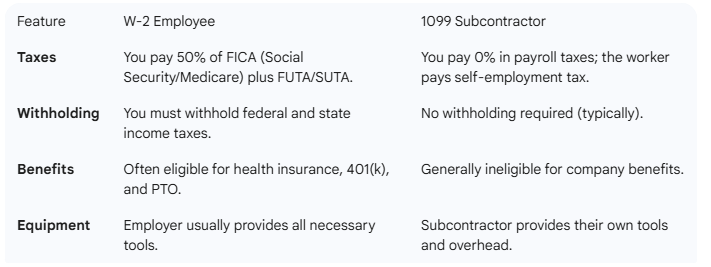 Comparison of W-2 employee vs. 1099 subcontractor, detailing taxes, withholding, benefits, and equipment.