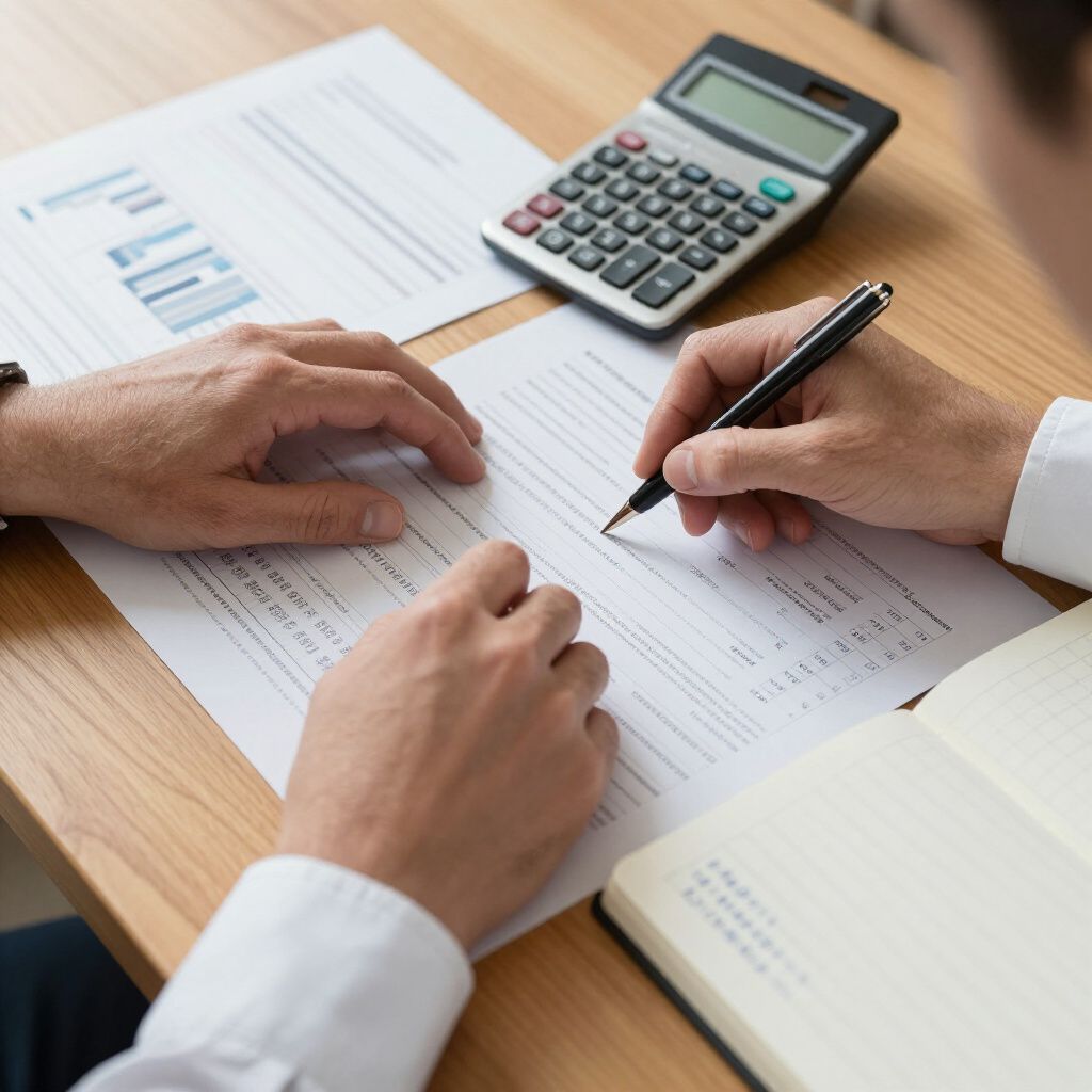 Two people working with documents, a calculator, and a notebook on a wooden desk.