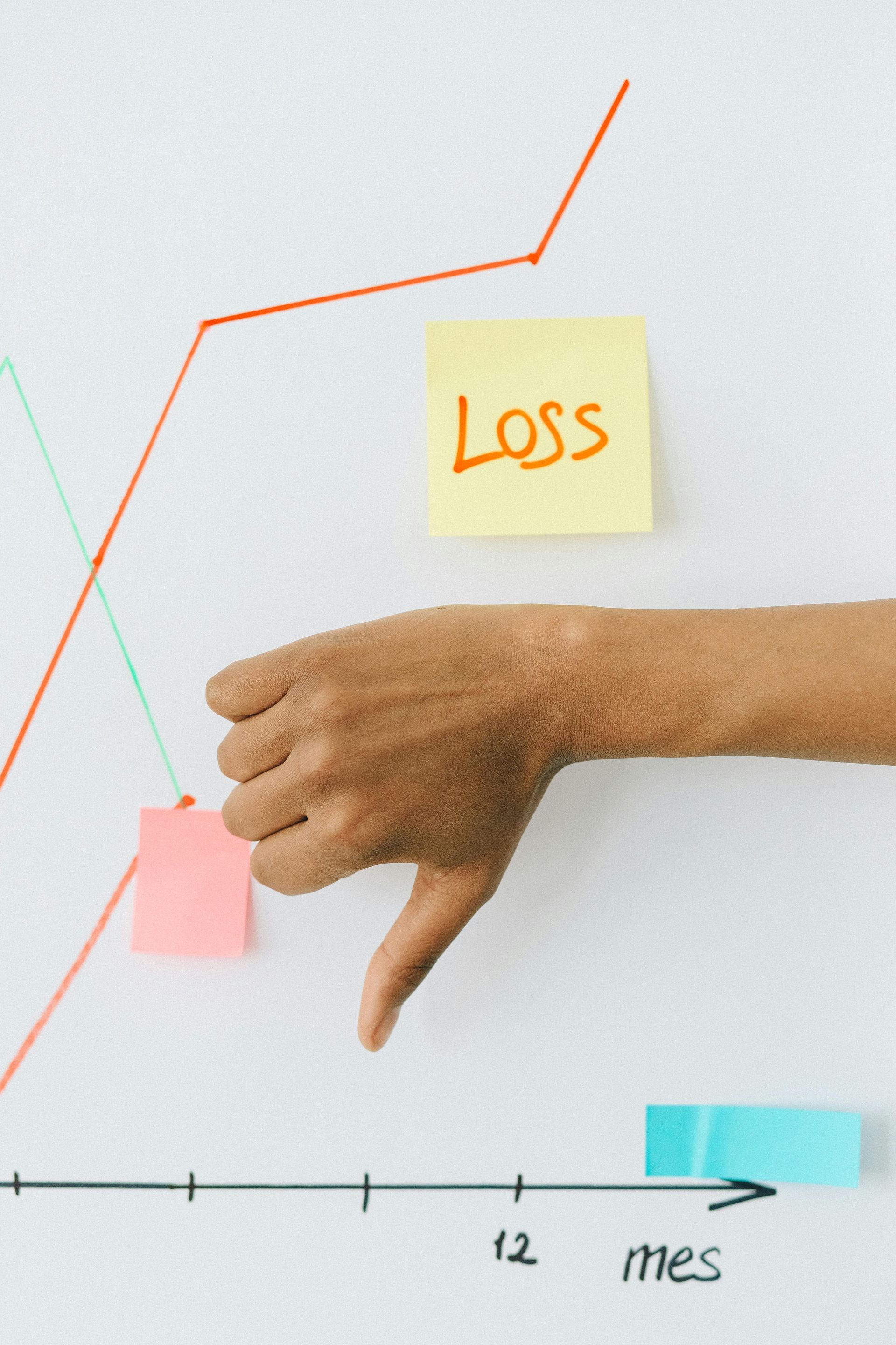 Hand giving a thumbs-down near a whiteboard with a graph showing loss, and sticky notes with