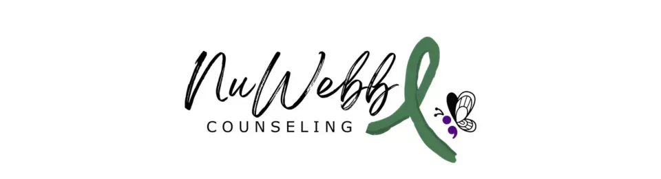Nubee Counseling logo with black script text and a green ribbon symbol on white background