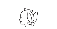 Minimal black line-art profile with leaves and small dots on a white background