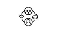 Network of user icons with chat bubble and heart icons in black outline on white background
