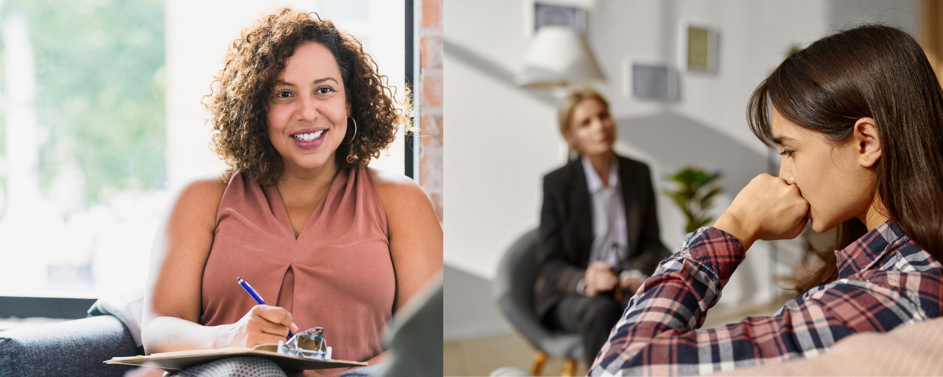 Therapist speaking with a client in a counseling office while another person waits in the background