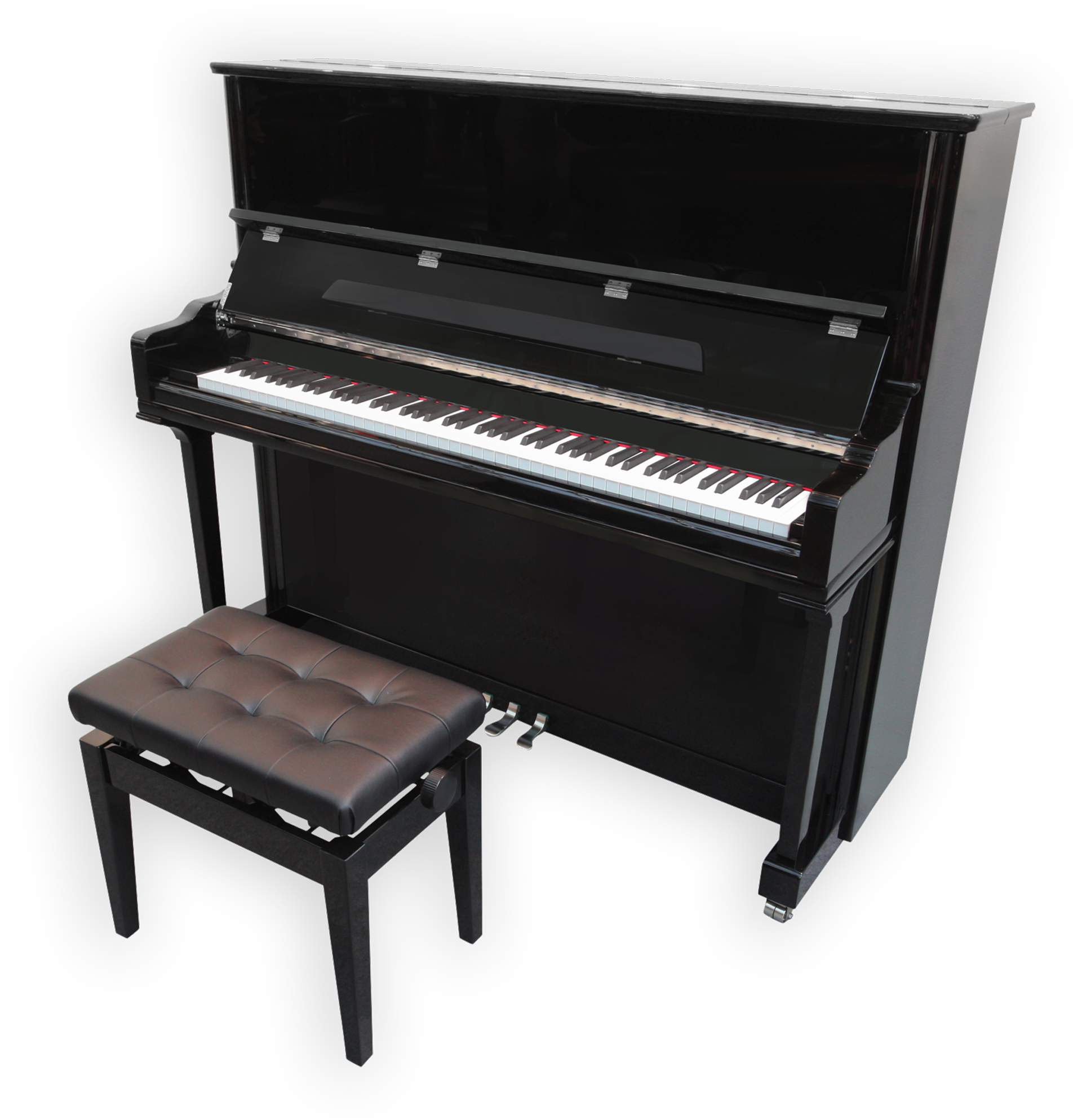 Black upright piano with matching bench; keys visible.
