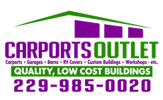Carports Outlet logo with green roof, purple/green text, and phone number 229-985-0020