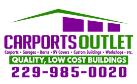 Carports Outlet logo with green roof, purple/green text, and phone number 229-985-0020