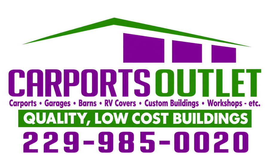 Carports Outlet logo with green roof, purple/green text, and phone number 229-985-0020