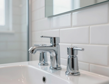 Chrome bathroom sink faucet and soap dispenser on a white vanity with tiled wall behind