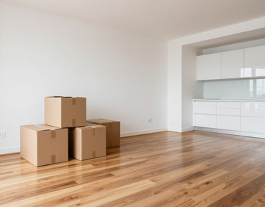 Empty modern room with wooden floors and stacked moving boxes near a bright kitchen area