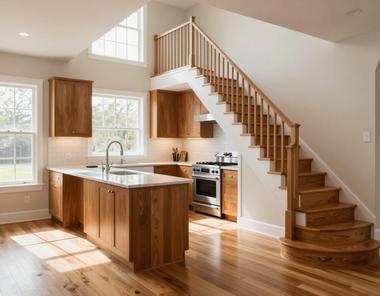 Bright modern kitchen with wooden island, staircase, and sunlit hardwood floors