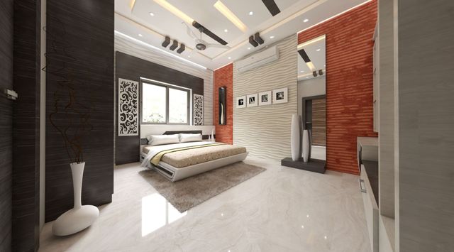 Modern bedroom interior with a bed, brick accent walls, large window, and glossy floor.