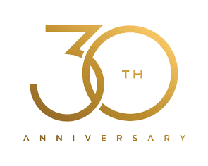 A gold 30th anniversary logo on a white background
