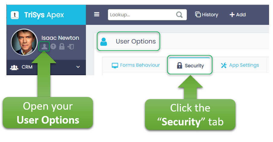A graphic showing how to open your user options and click the