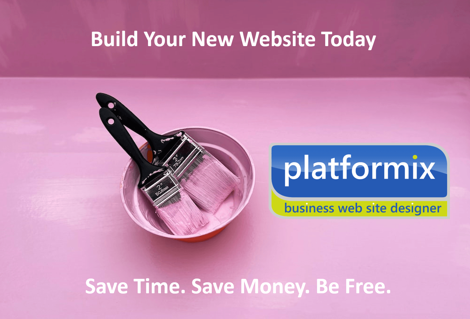 An advertisement for platformix shows a bowl of paintbrushes on a pink background.
