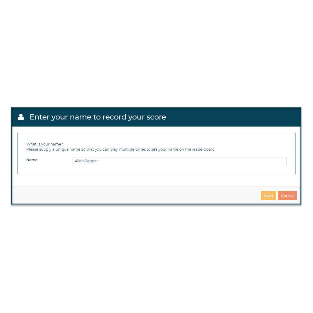 A screen shot of a website asking you to enter your name to record your score.